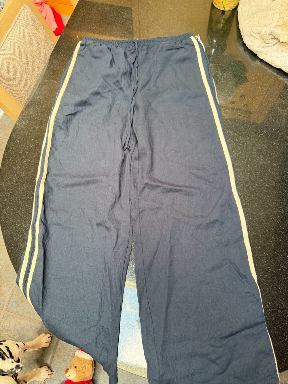 Linen Navy Track Pants with Side Stripes